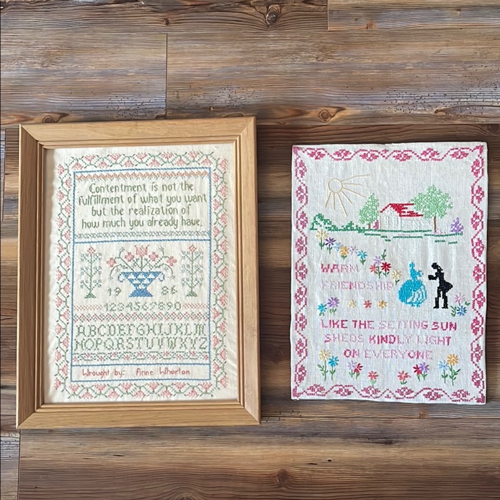 Vintage Cross-Stitch Sampler Set Handmade Decor 1986 80s Inspirational Colorful